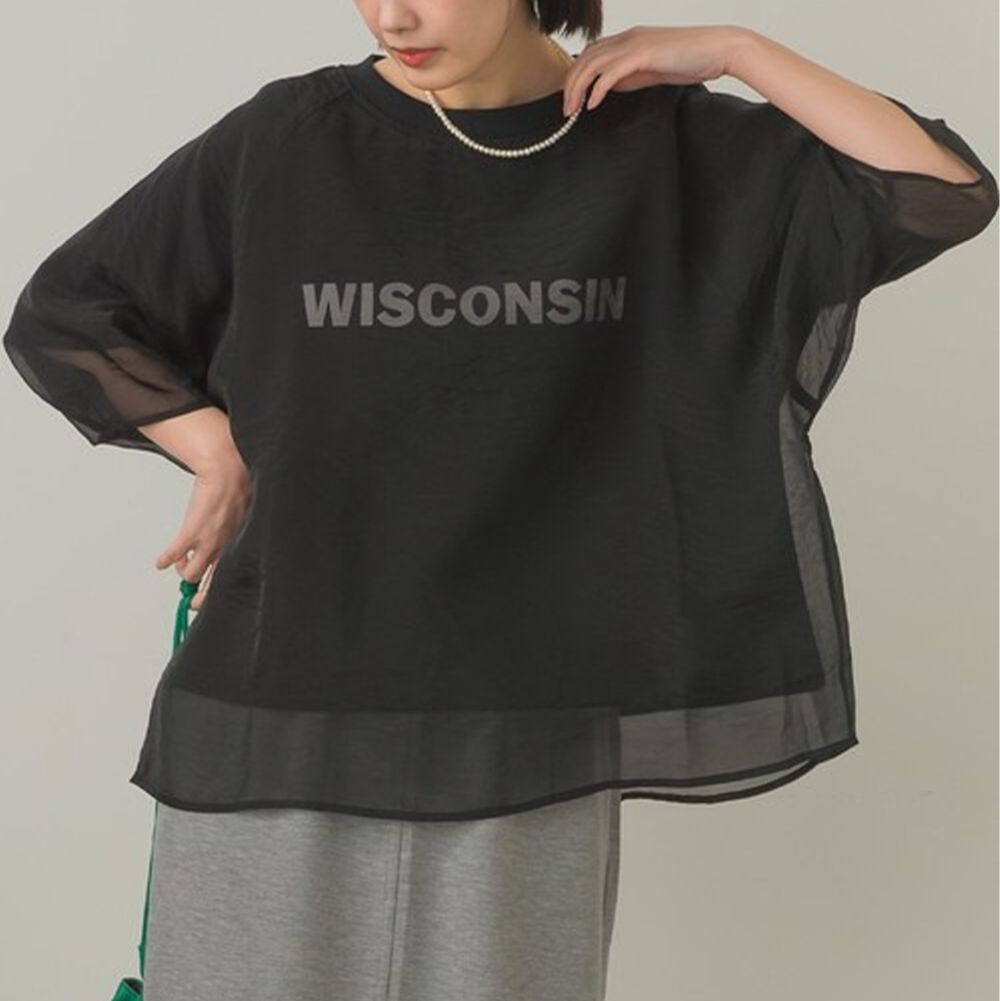 歐根紗時尚輕盈層次七分袖上衣-黑