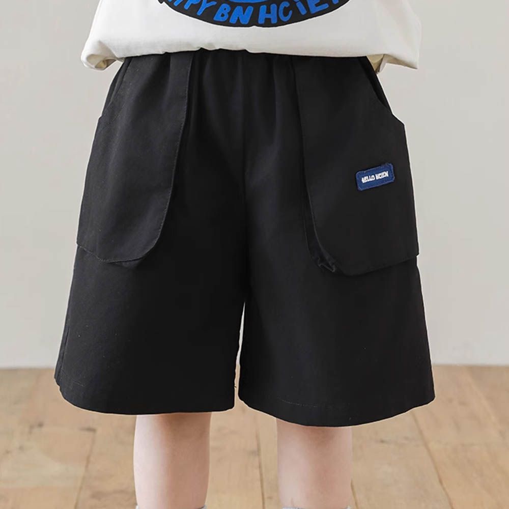 純棉腰鬆緊休閒短褲-雙口袋-黑色