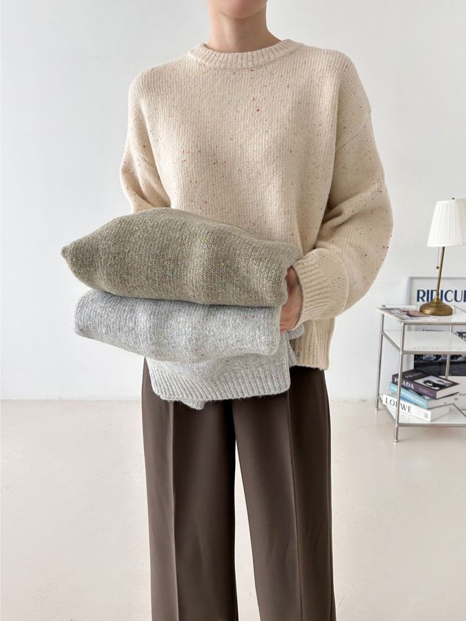 韓國女裝連線 - 日常簡約混紡長袖針織上衣-灰綠 (FREE)