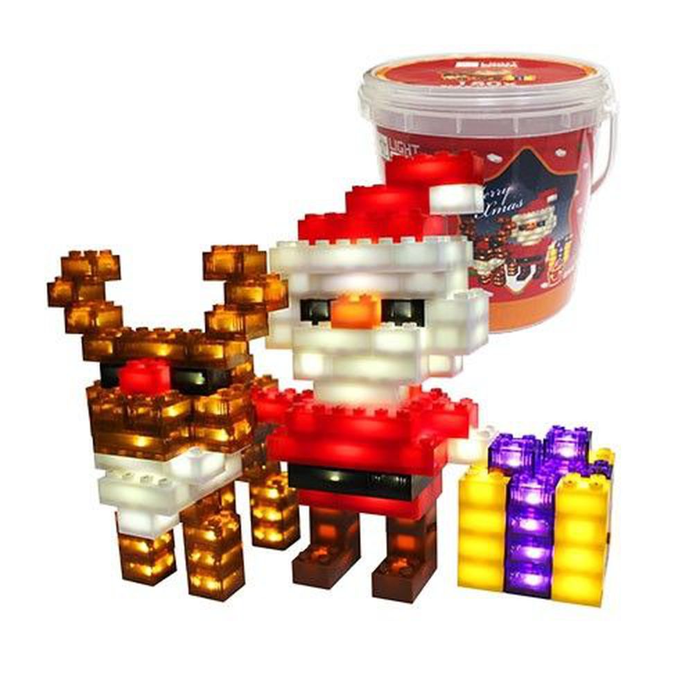 美國 Light Stax - 【聖誔推薦】創意LED積木(聲控版)-亮亮迎聖誕桶裝-聖誕組合(聖誕老公公＋馴鹿＋禮物)-150顆