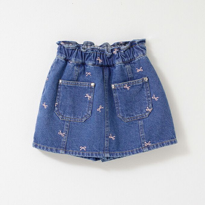 日本 Lycee mine - 甜美刺繡純棉丹寧風褲裙-櫻桃-淺藍