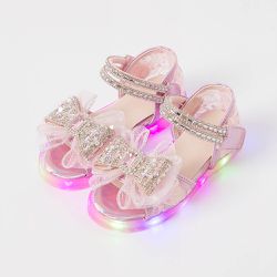 韓國 OZKIZ - (LED)璀璨鑲鑽網紗蝴蝶結公主涼鞋-淺粉