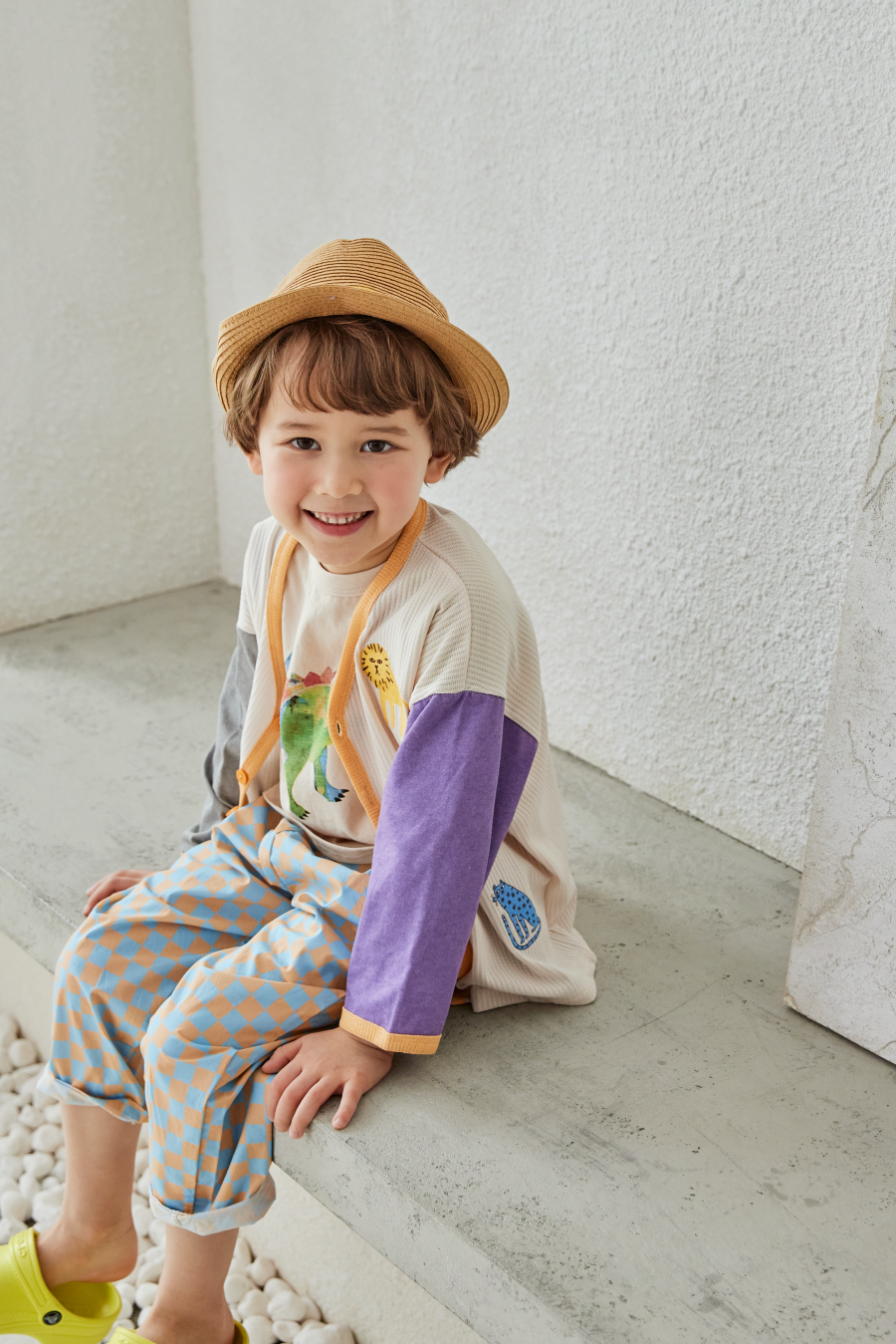 韓國 Mimico - 叢林動物拼接色針織外套-灰X紫