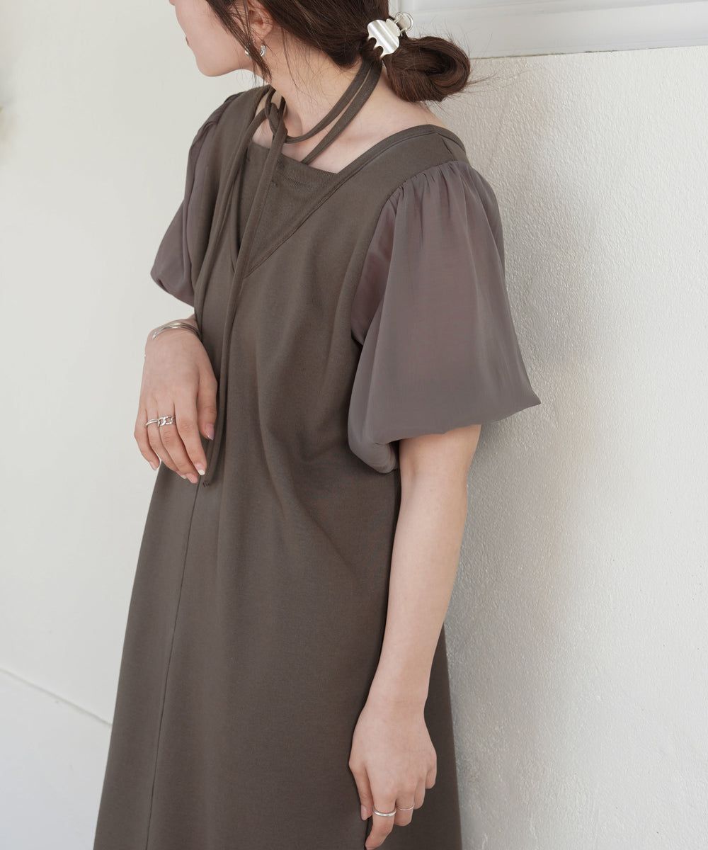 日本 Bab - 優雅綁帶V領泡泡袖洋裝-淺摩卡