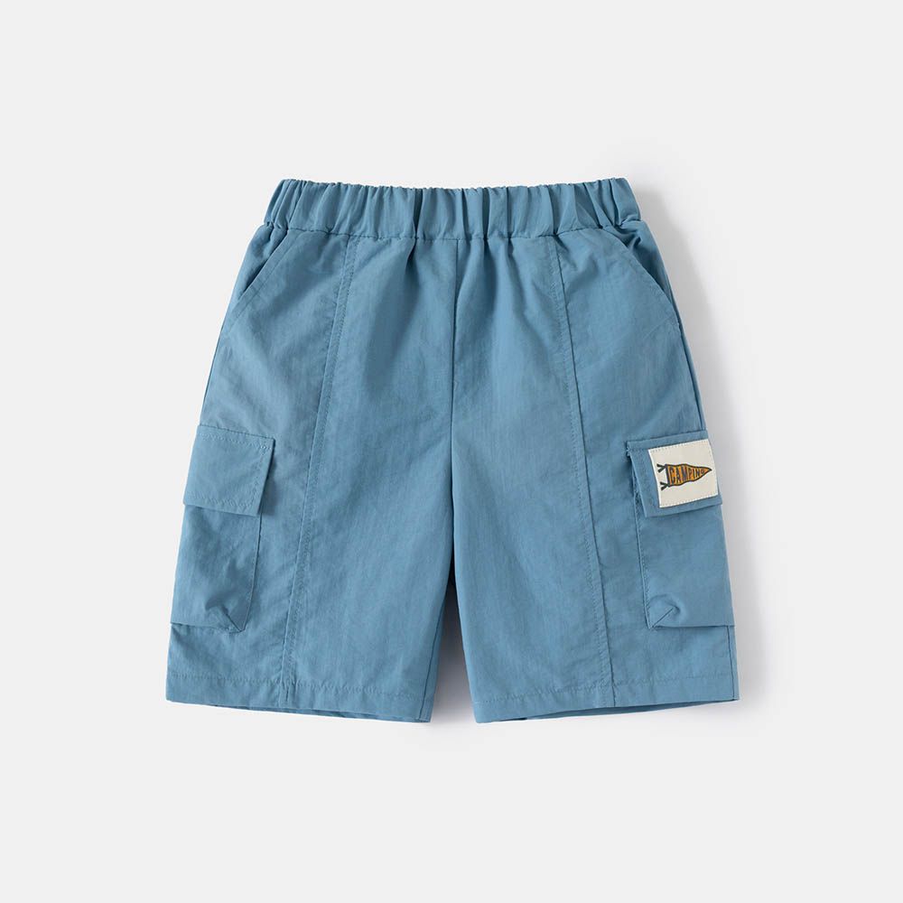 腰鬆緊休閒五分褲-口袋貼標-藍色