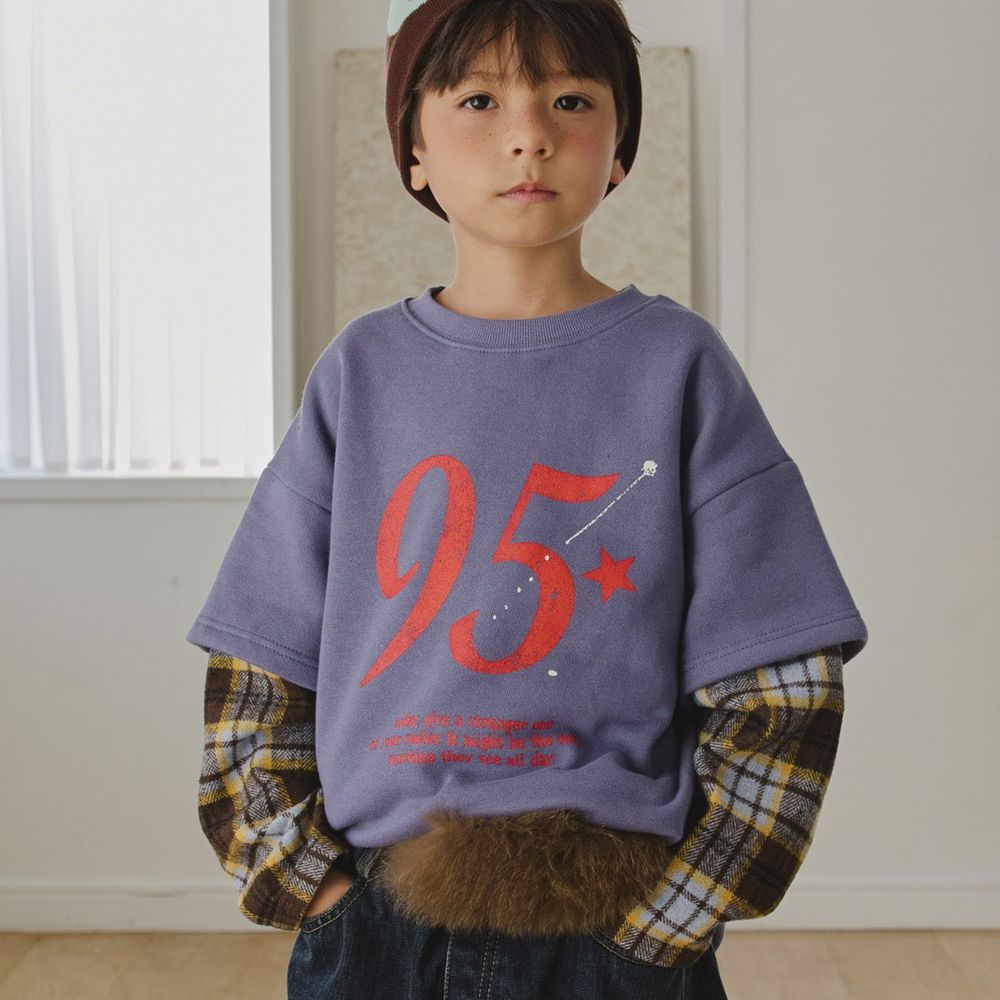 HIKIKI (內磨毛)復古刷色拼接格紋長袖上衣-紫