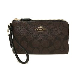 COACH - 滿版LOGO皮革L型雙層手拿包 (咖啡色)