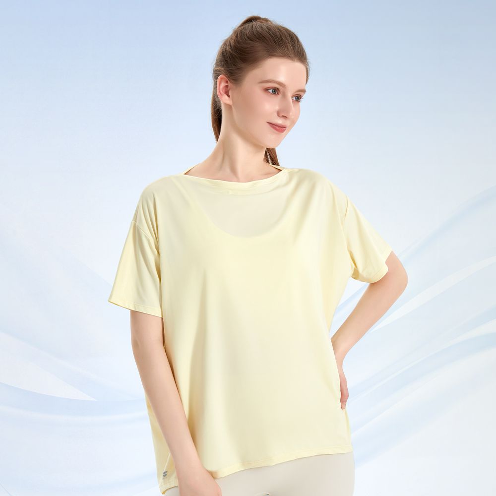 速涼絲感船領短袖上衣-奶油黃