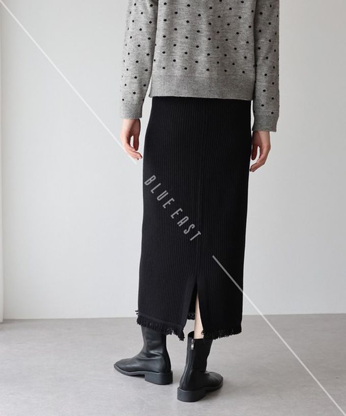 日本 BLUE EAST - 微閃亮羅紋針織流蘇開叉鉛筆裙-黑