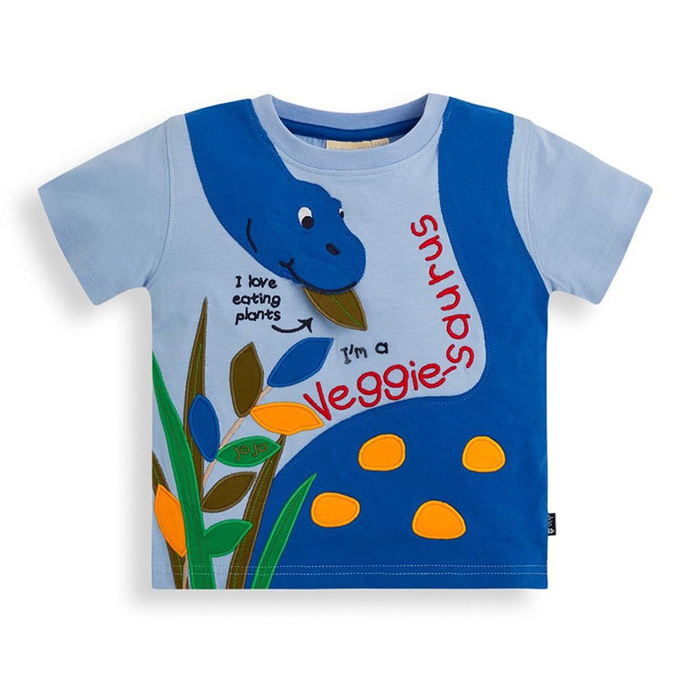 英國 JoJo Maman BeBe - 超優質嬰幼兒/兒童100％純棉短袖上衣/T-shirt/動物T-藍色恐龍