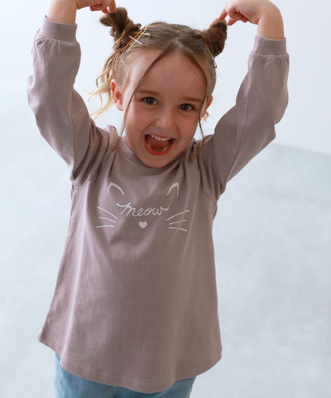 日本 devirock - 100%棉 女孩印花微長版上衣-馬卡龍-灰白