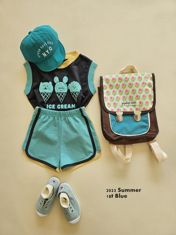 韓國 First Blue - 動物甜筒印無袖上衣-白X桃粉X藍綠