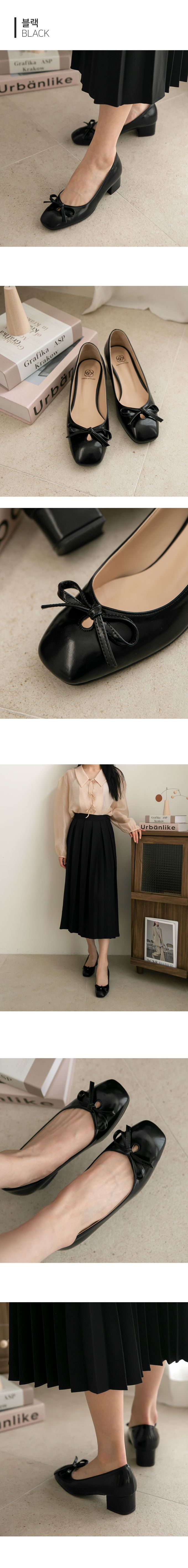 韓國 PINKELEPHANT - 蝴蝶結淺口輕便跟鞋(4cm)-黑