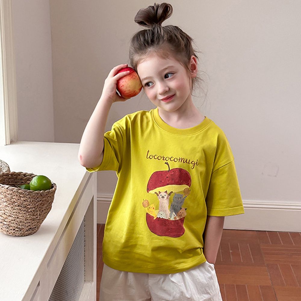 涼感手繪風美式休閒短袖上衣-黃綠色