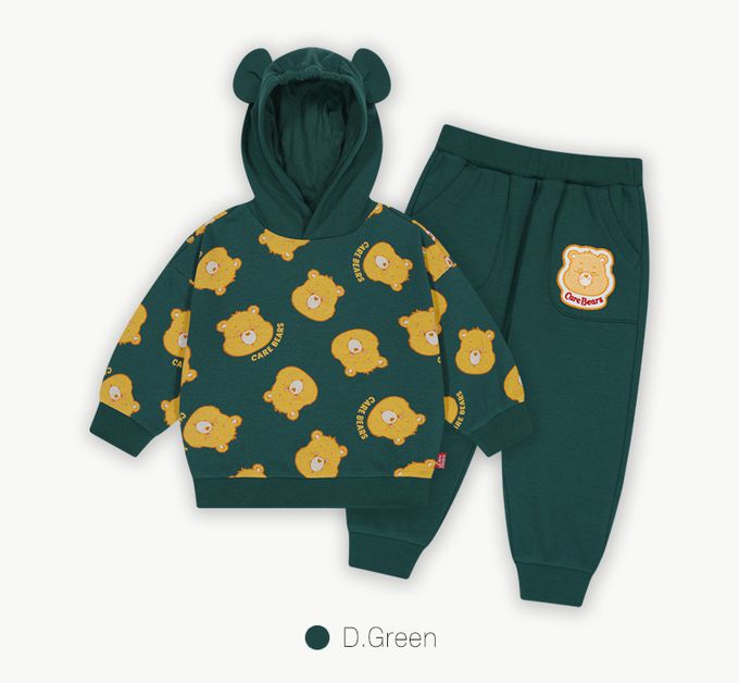 韓國 Care Bears - 聯名款滿版印花內刷毛熊耳帽套裝-綠