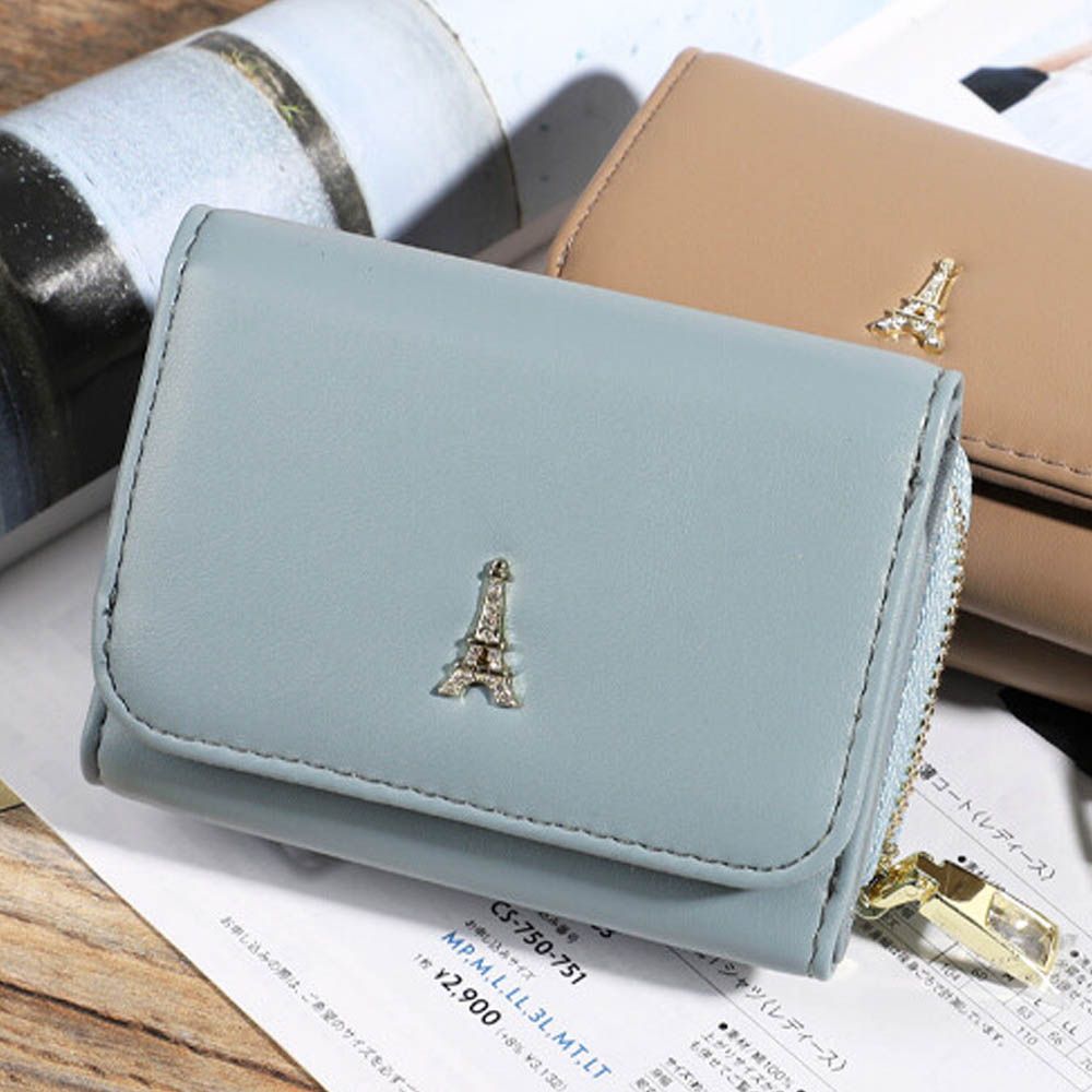 巴黎鐵塔三折輕巧迷你短夾-淺藍
