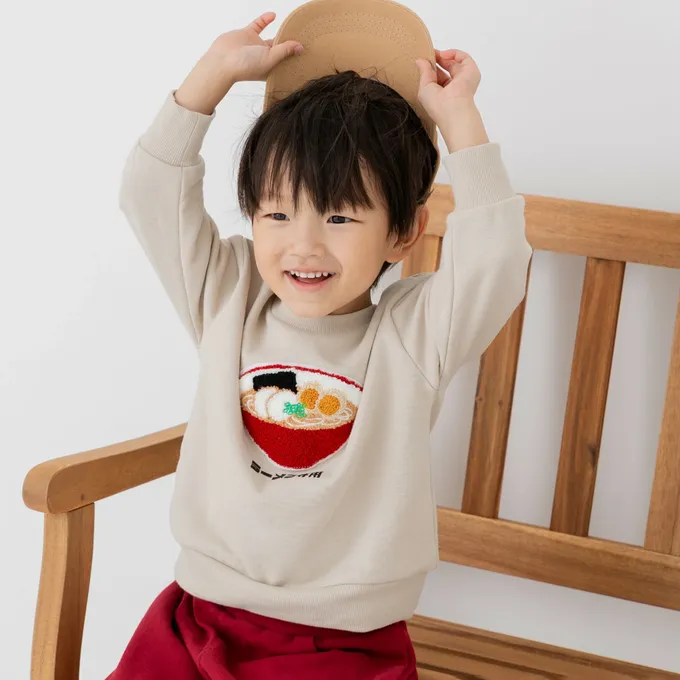 日本 Chil2 - 食物立體刺繡長袖上衣-蛋包飯-蕃茄紅