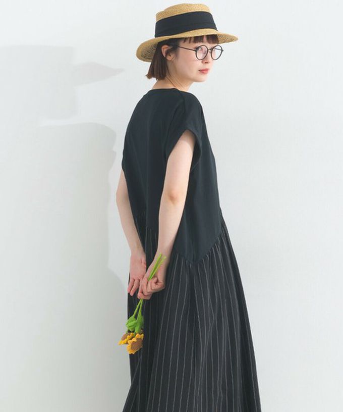 日本 Lupilien - [人氣款]亞麻混紡條紋拼接短袖洋裝-芥末黃