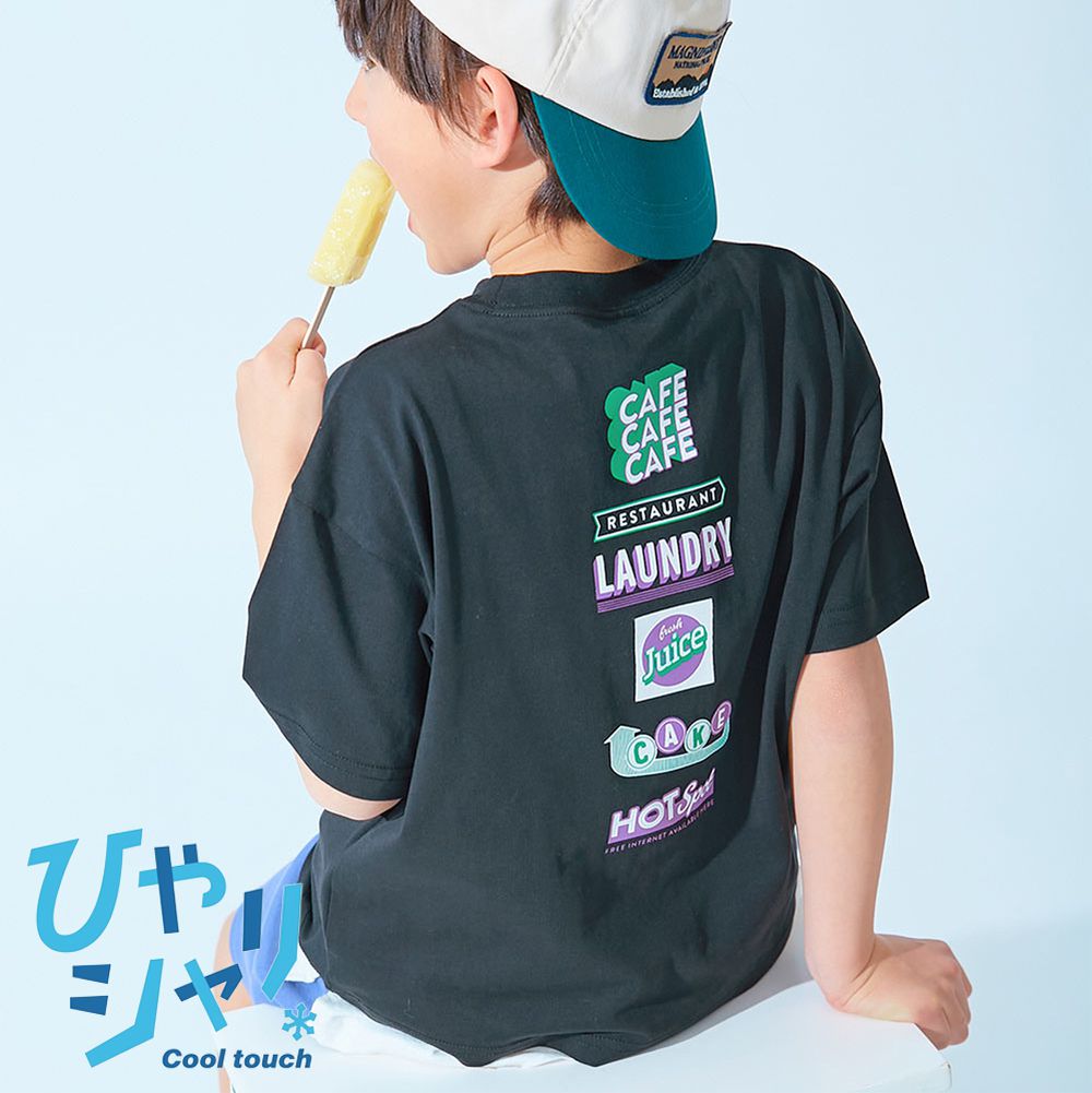 涼感速乾網眼 廓形短袖T恤-背後logo-黑