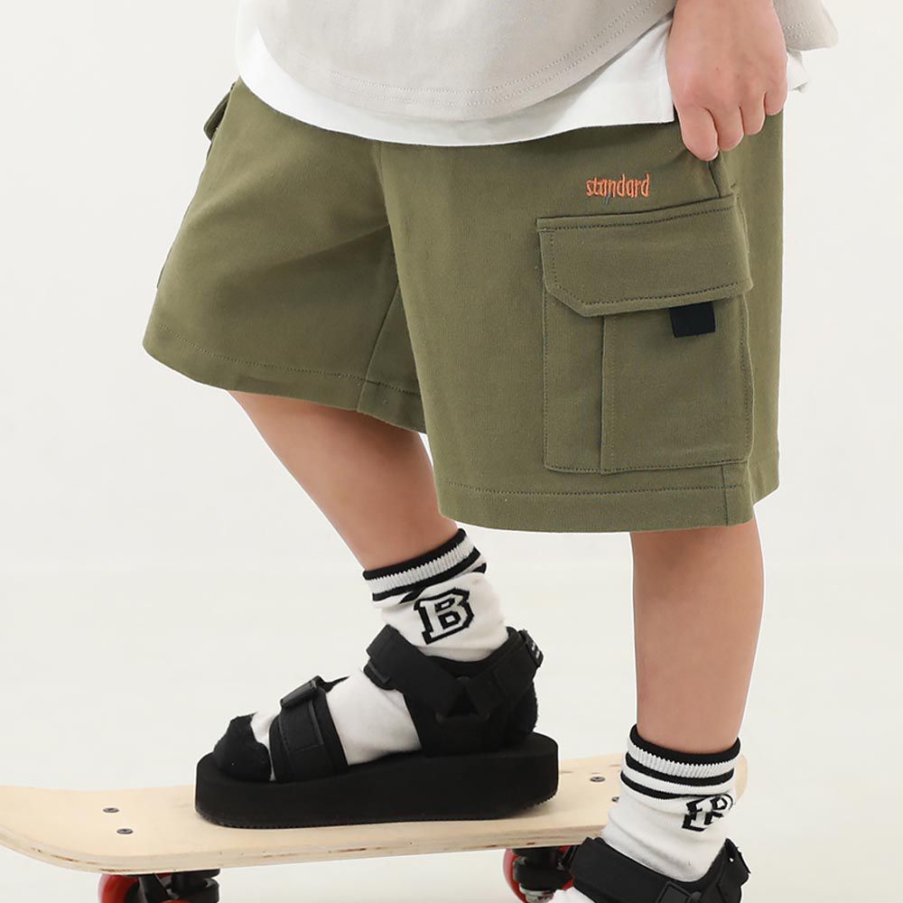 日本 devirock - 大口袋工裝純棉寬版短褲-軍綠