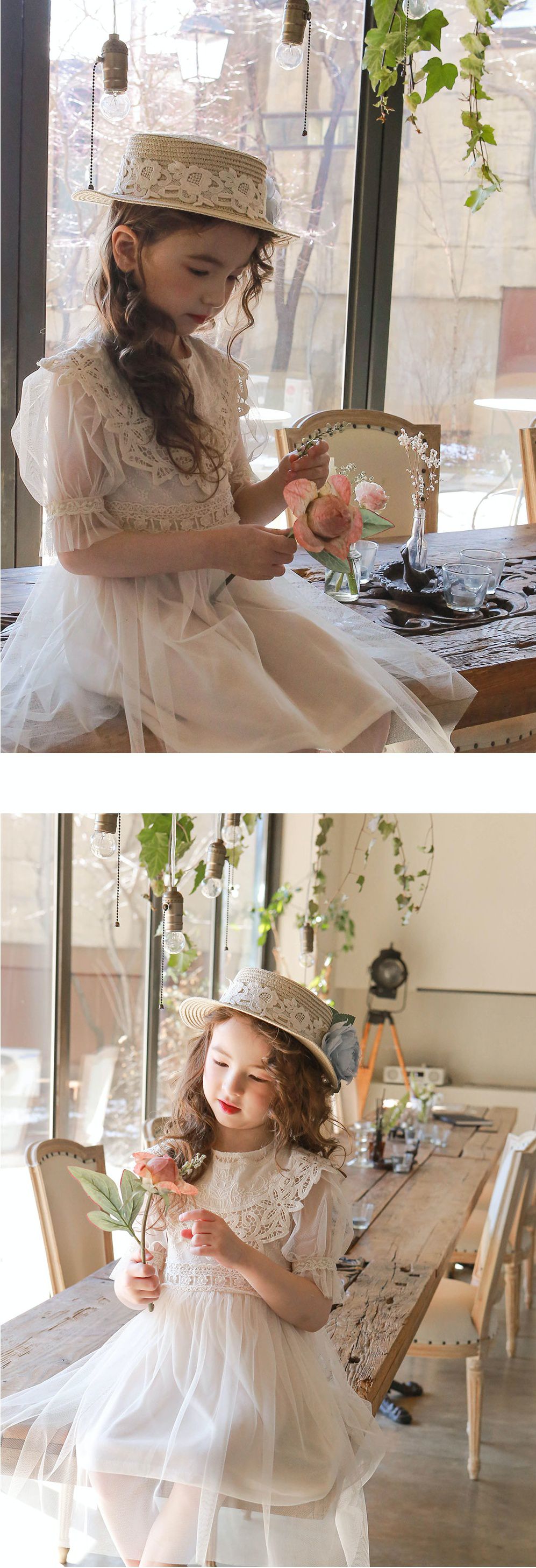 韓國 PuellaFLO - 藍白花朵裝飾蕾絲草帽 (3-7Y適用)