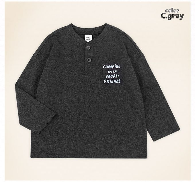 韓國 mollimelli - 文字點綴圓領鈕扣長袖上衣-深灰
