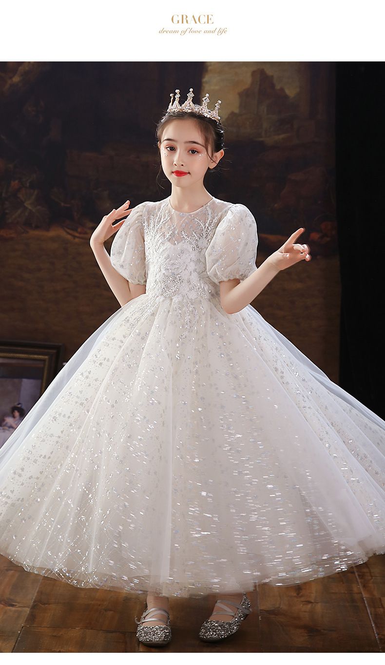 公主風亮片刺繡短袖禮服-短裙款-白色