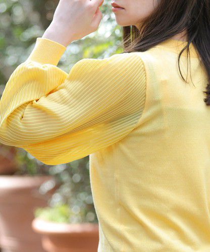 日本 Bou Jeloud - 異材質拼接百摺長袖上衣-萊姆黃