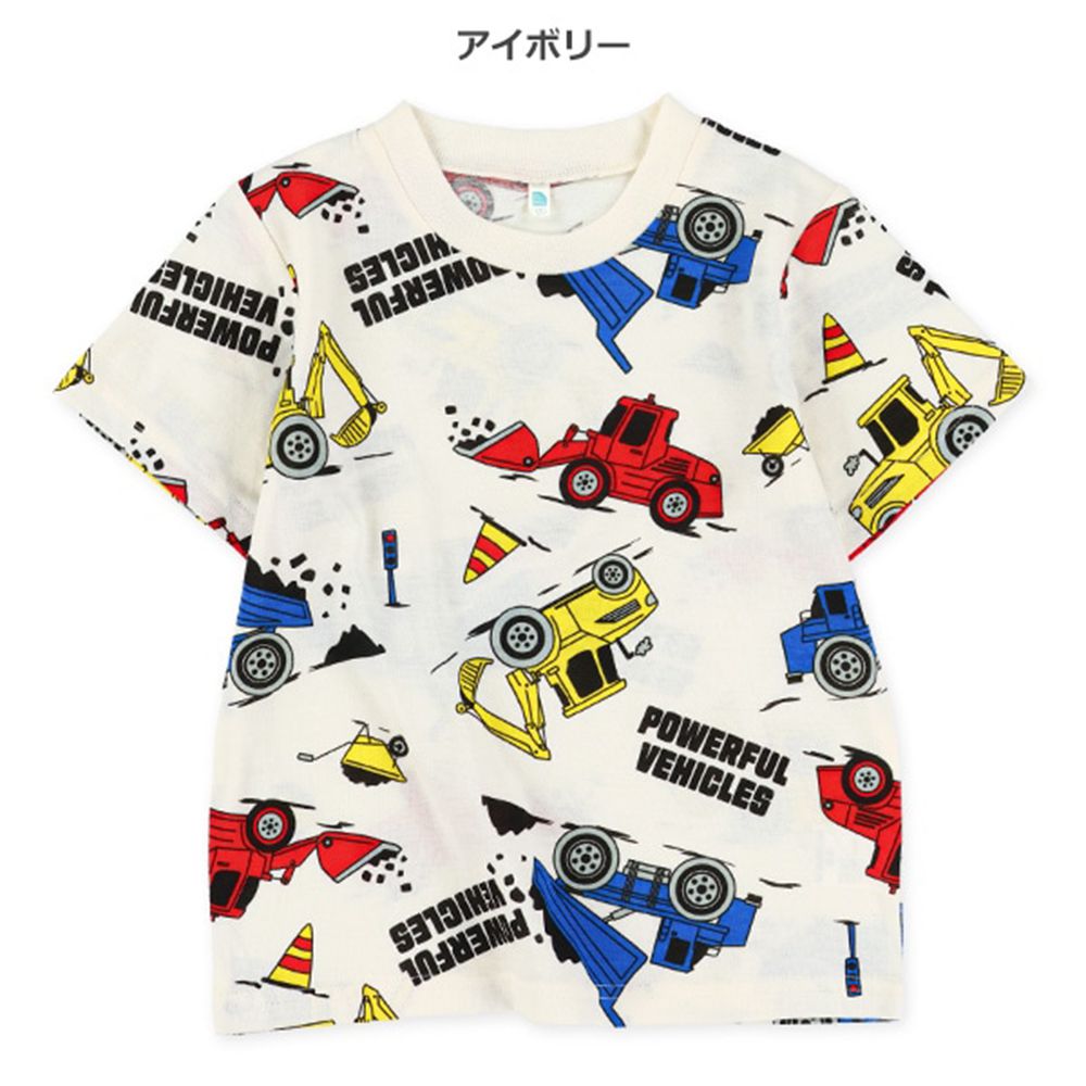 撞色男寶印花短袖上衣-工程車-白