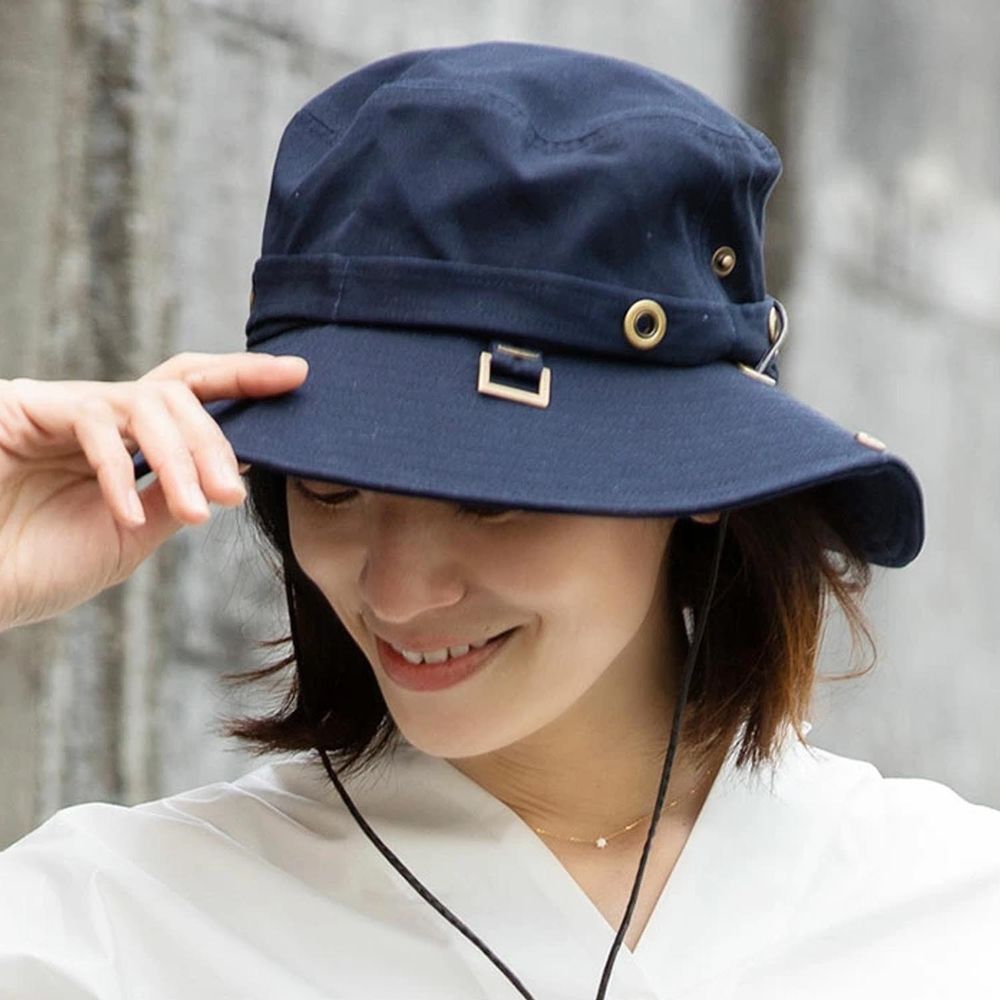 日本 irodori - 抗UV棉純厚磅漁夫帽/遮陽帽(附防風帽帶)-海軍藍
