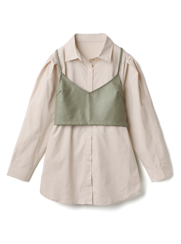 日本 GRL - 蝴蝶結綁帶皮革細肩背心X長袖襯衫-卡其X杏