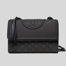 TORY BURCH - 霧面菱格紋翻蓋流蘇肩背包 (黑)
