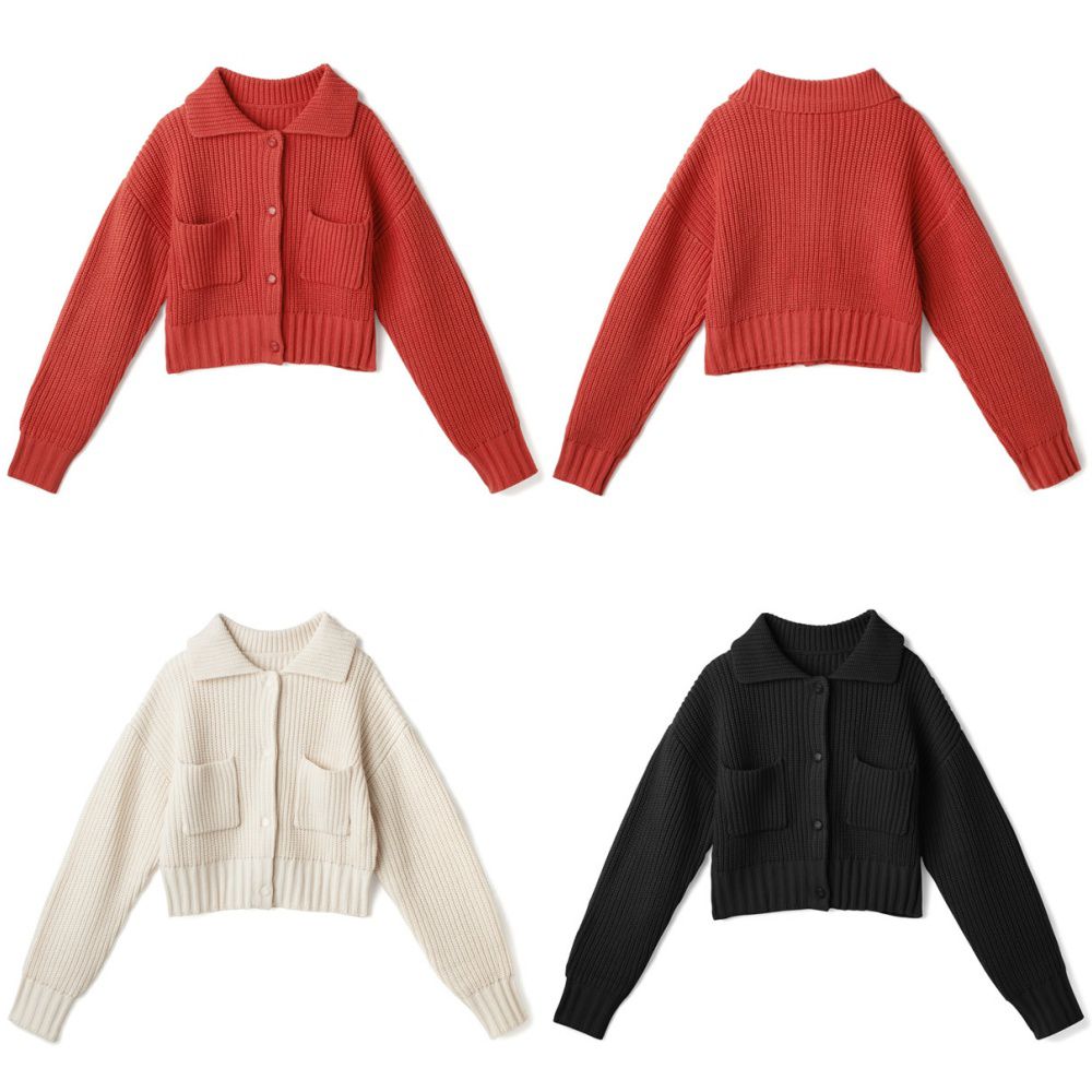 日本 GRL - 復古大翻領雙口袋短版針織毛衣/外套-黑