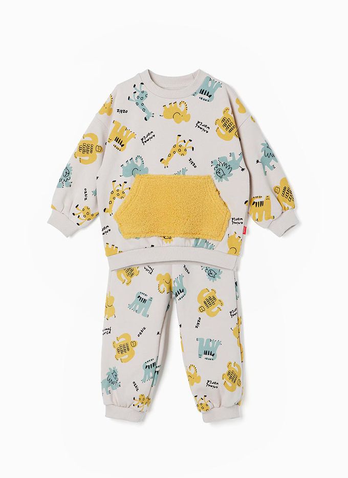 韓國 OZKIZ - 森林動物園內磨毛長袖套裝-杏灰