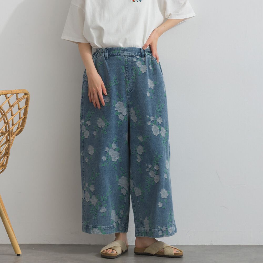 休閒感印花丹寧寬褲(後腰鬆緊)-花朵-藍