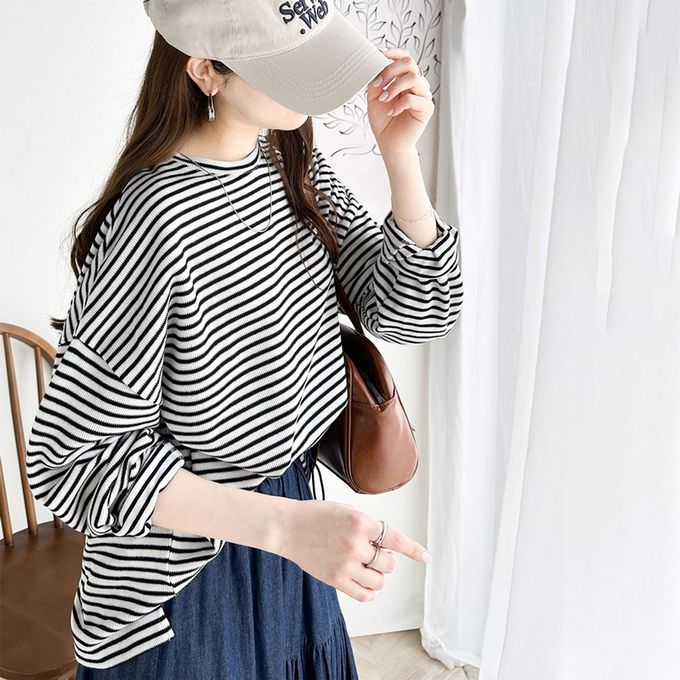 日本 Classical Elf - 萬能定番細條紋側開叉長袖上衣-咖啡棕