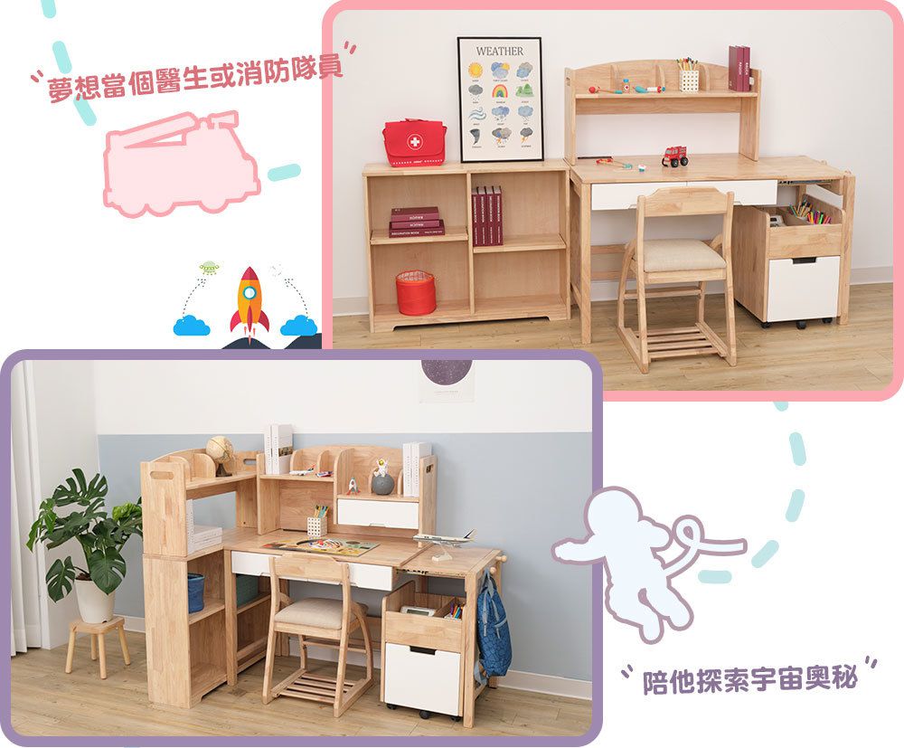 Man & Kids 寵小孩生活家居 - ∞無限成長書桌椅-層架用功款三件組