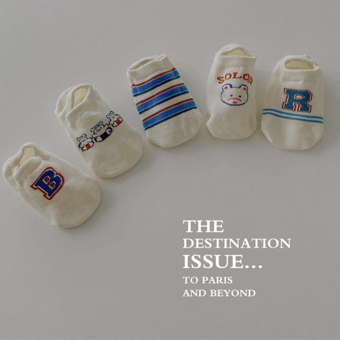 love, charlotte - 卡通小熊條紋字母網眼隱形棉襪-5 雙一組