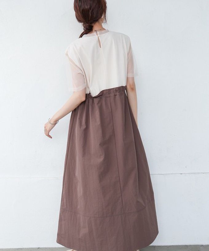 日本 Bab - 拼接層次感抽繩薄紗短袖洋裝-白x摩卡