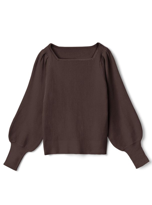 日本 GRL - 百搭方領彈性針織上衣-咖啡