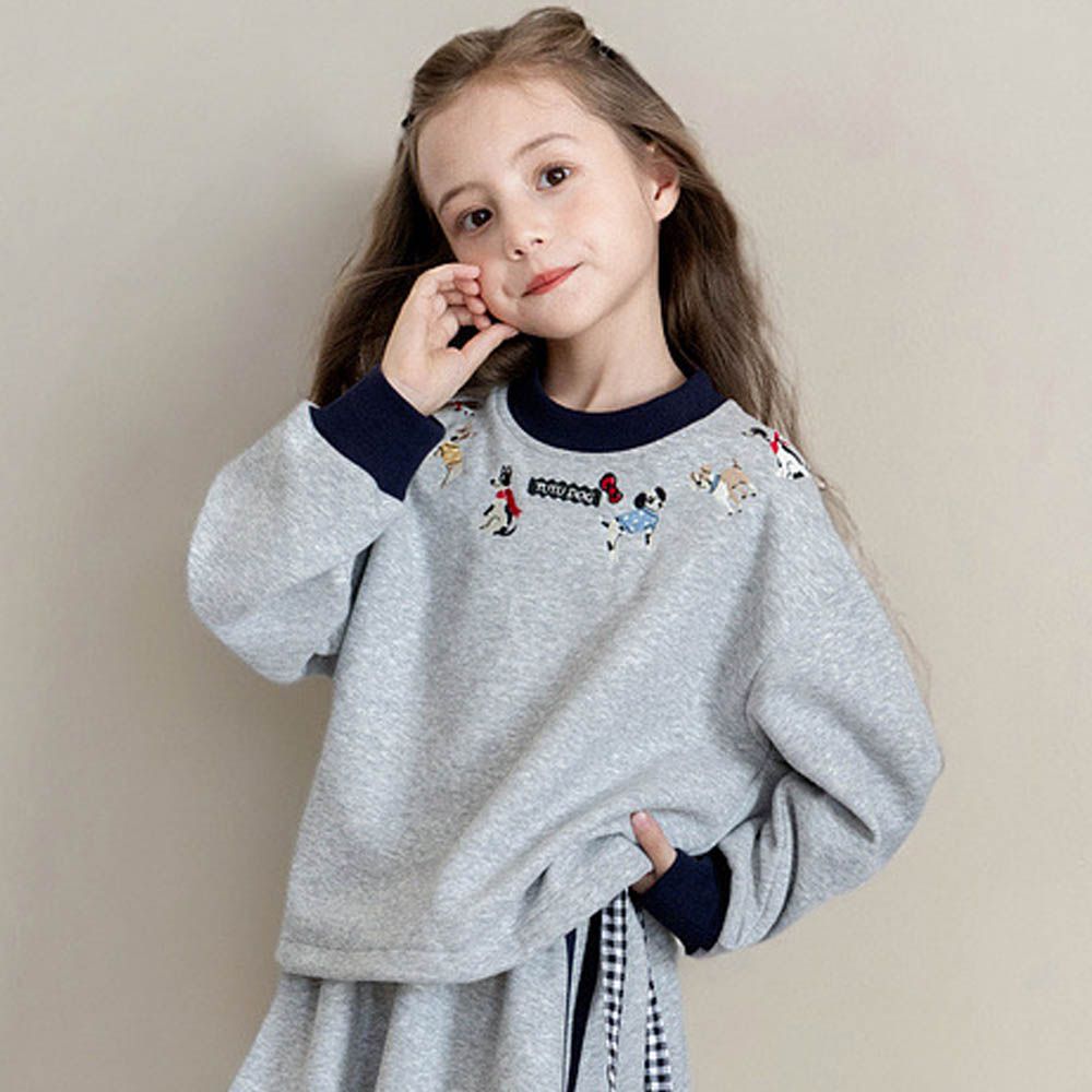 圓領落肩長袖上衣/大學T-小狗刺繡-灰色