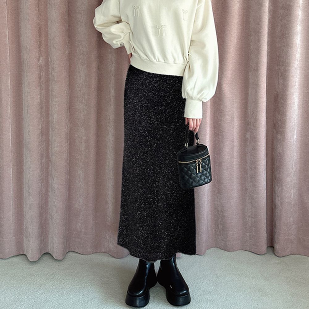 閃爍針織合身後開叉長裙-黑 (F)