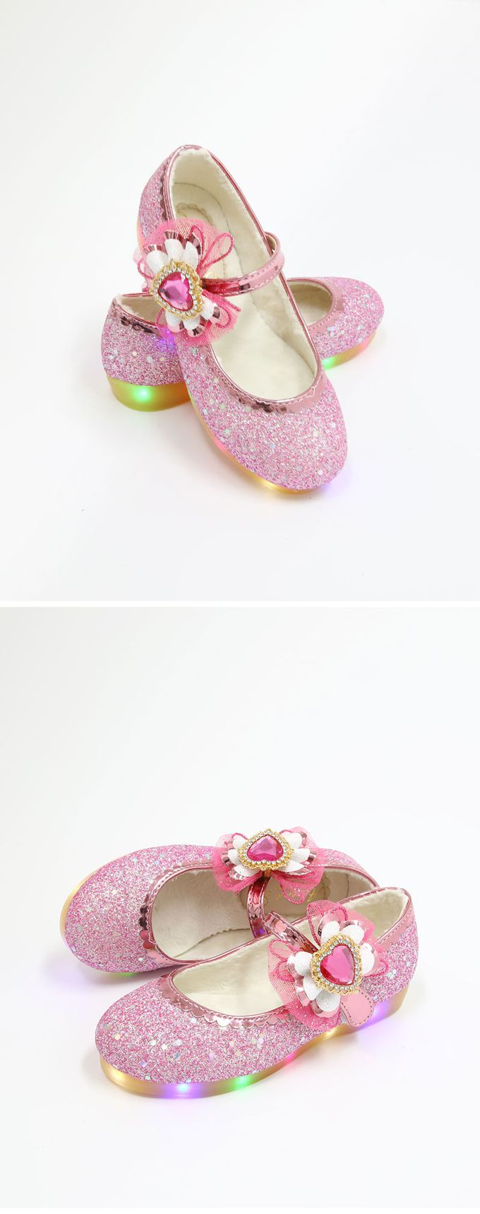 韓國 OZKIZ - (LED)少女愛心鑽石亮片皮鞋-桃粉