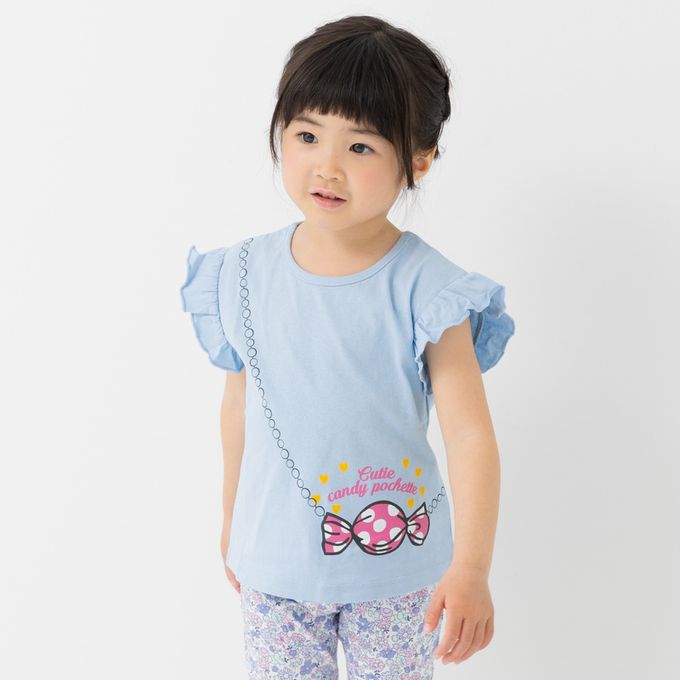 日本 Chil2 - 100%棉 荷葉邊女孩印花短袖上衣-櫻桃-灰黑