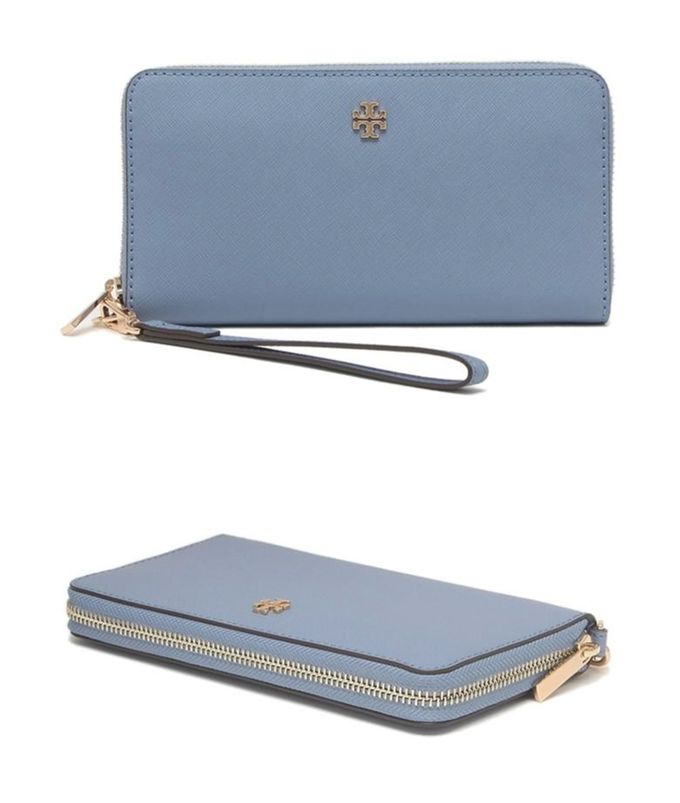 Tory Burch - 雙T-LOGO素面皮革長夾 (水藍)