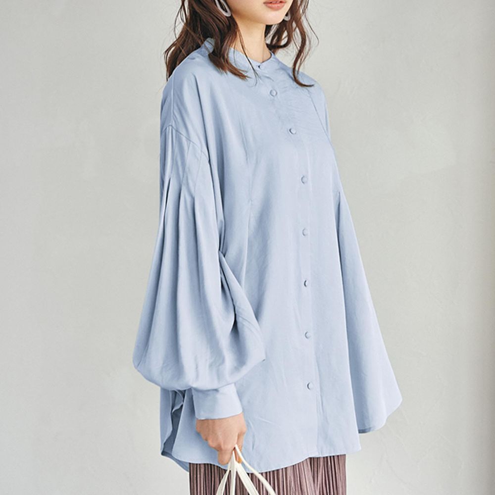 日本 GRL - 飄逸柔軟澎澎袖長版襯衫-寶貝藍 (F)