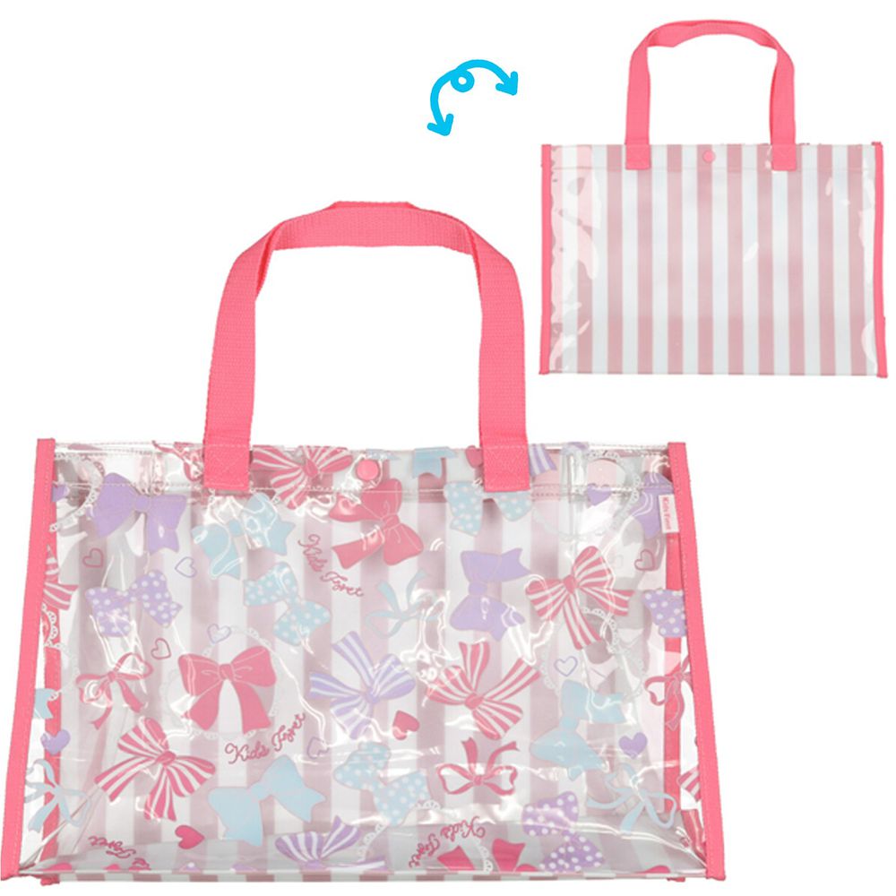 日本服飾代購 - 防水PVC游泳包(雙面圖案設計)-蝴蝶結條紋-粉 (25x36x13cm)