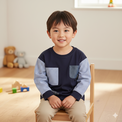 akachan honpo - T恤-平織布拼接-深藍色