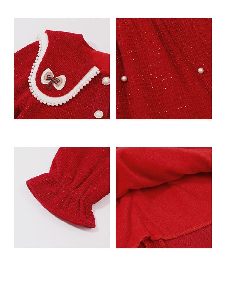 加絨不規則翻領氣質長袖連身洋裝-蝴蝶結-紅色