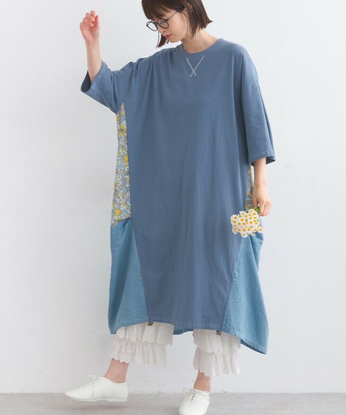 日本 Lupilien - 異素材花朵拼布清新五分袖洋裝-黑